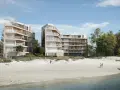 Nowoczesne apartamenty nad morzem, które mogą stracić na wartości od 2026 roku. Widok na plażę i budynki z balkonami.