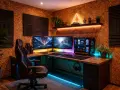 Gamer setup z korkową ścianą i panelami akustycznymi. Idealne miejsce, by dowiedzieć się, jak tanio wygłuszyć pokój.