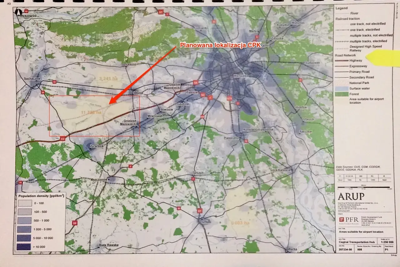 Mapa pokazuje planowaną lokalizację CPK i obszary o dużej gęstości zaludnienia. Czy warto inwestować w działki przy planowanych nitkach CPK?