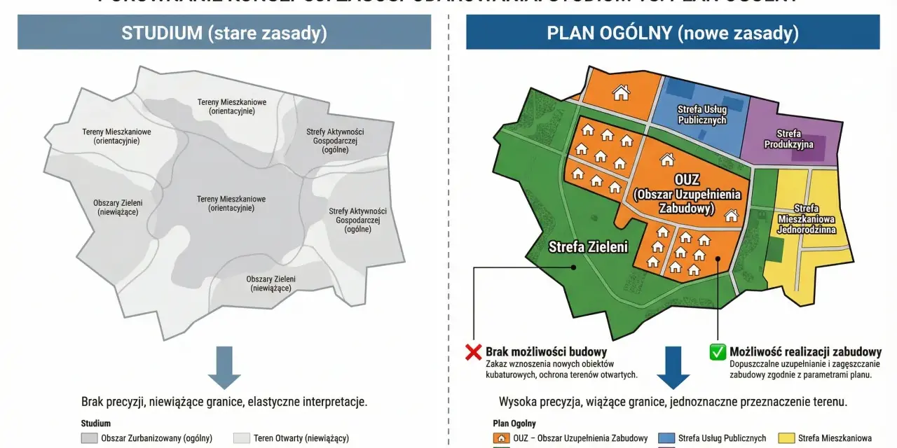 Porównanie studium (stare zasady) i planu ogólnego (nowe zasady). Brak planu ogólnego w Twojej gminie zamrozi budowę domu na lata.