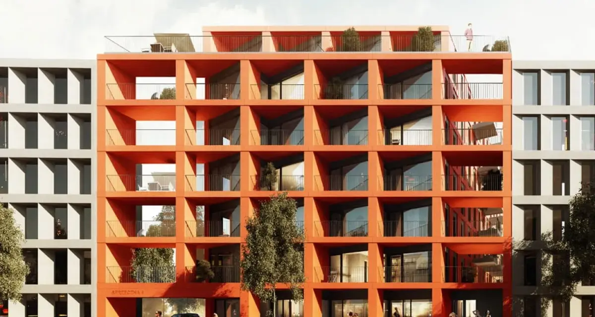 Nowe bloki z lat 70. wytrzymają kolejne 50 lat? Wizualizacja nowoczesnej architektury z pomarańczową fasadą i szarymi sąsiadami.