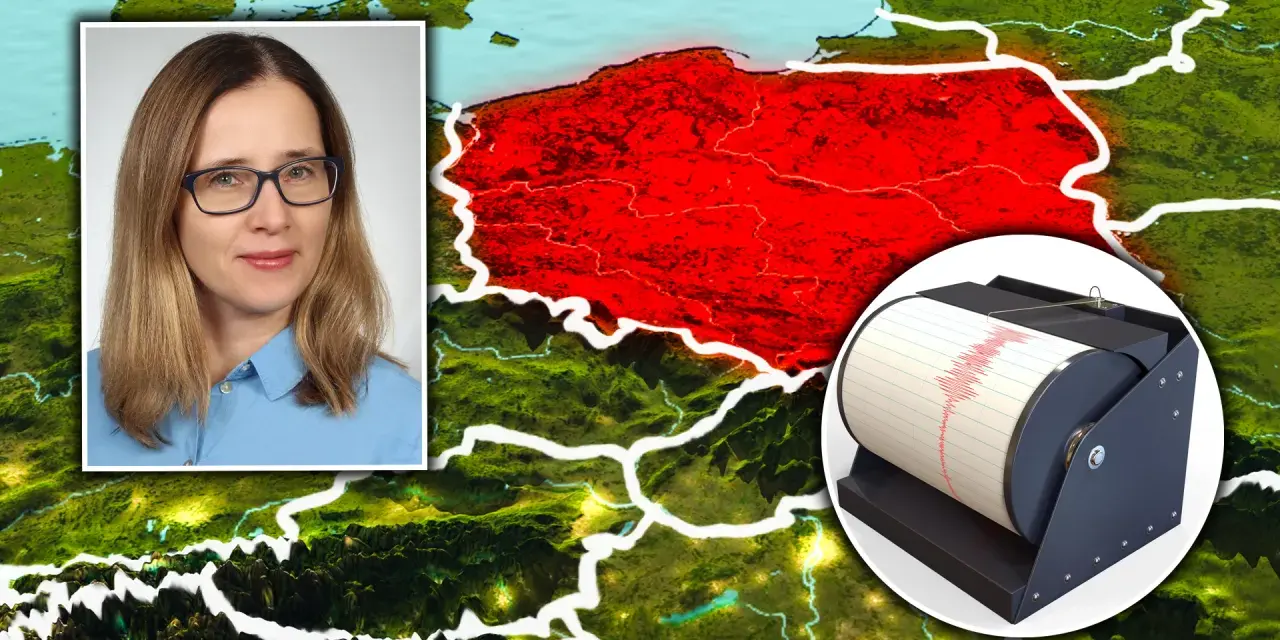 Kobieta w okularach i sejsmograf na tle mapy Polski. Prawda o rzekomym wprowadzeniu obowiązkowego ubezpieczenia mieszkań od trzęsień ziemi.