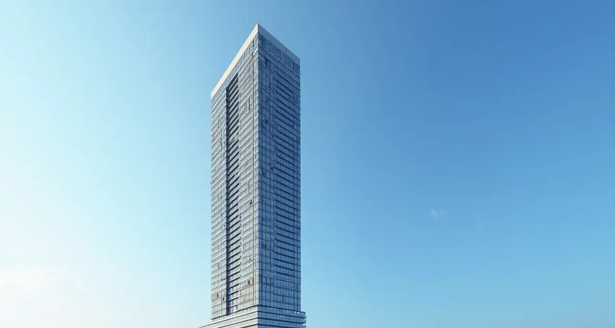 Nowoczesny wieżowiec z przeszkloną fasadą na tle błękitnego nieba. Trudno jednoznacznie określić, ile pięter ma ten skytower, ale z pewnością jest ich wiele.