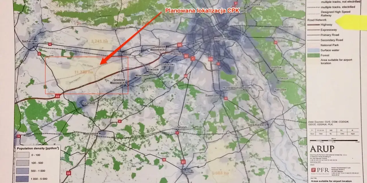 Mapa pokazuje planowaną lokalizację CPK i obszary o dużej gęstości zaludnienia. Czy warto inwestować w działki przy planowanych nitkach CPK?