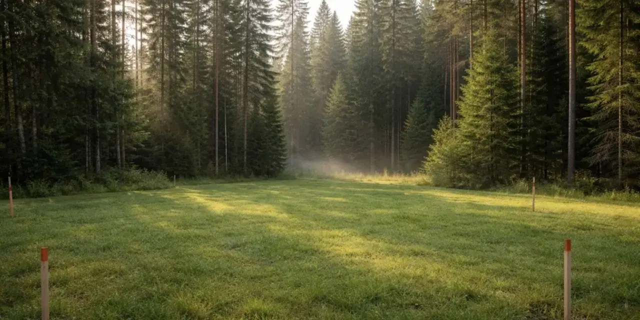 Oznakowane działki budowlane przy lesie, z mgłą unoszącą się nad trawą, pokazują, dlaczego działki budowlane przy lasach mogą zostać uznane za tereny zielone.