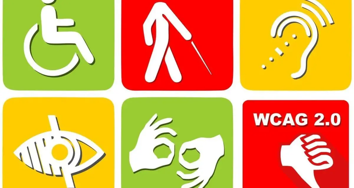 Ikony symbolizujące dostępność dla osób z niepełnosprawnościami: wózek, niewidomy, słuch, wzrok, język migowy, WCAG 2.0. Kto stoi za nowymi standardami dostępności dla osób niepełnosprawnych na działkach?