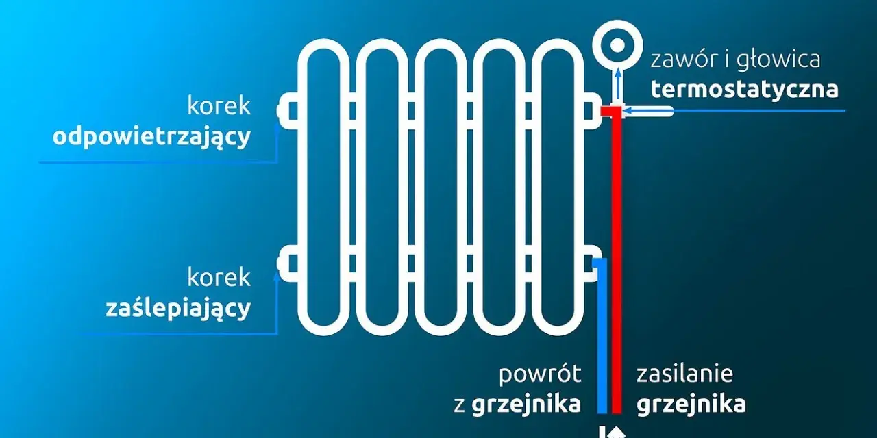 Schemat grzejnika z podłączeniem bocznym, pokazujący zawór termostatyczny, odpowietrznik i korki.