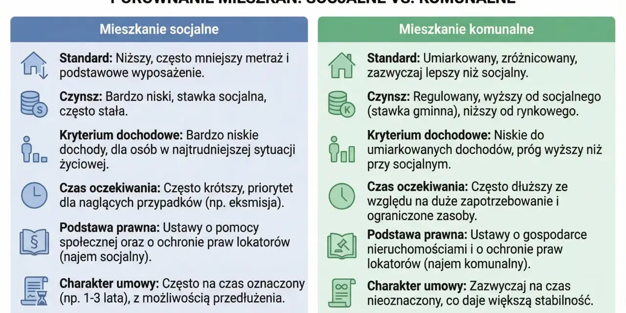 Porównanie mieszkań socjalnych i komunalnych. Dowiedz się, jak dostać mieszkanie komunalne, jakie są kryteria i czas oczekiwania.