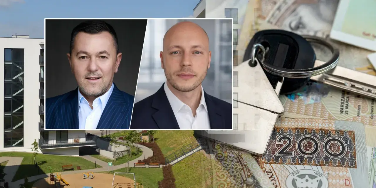 Dwóch mężczyzn w garniturach, klucze do mieszkania i polskie banknoty. Czy warto inwestować w mieszkania zlokalizowane blisko planowanych przystanków metra?