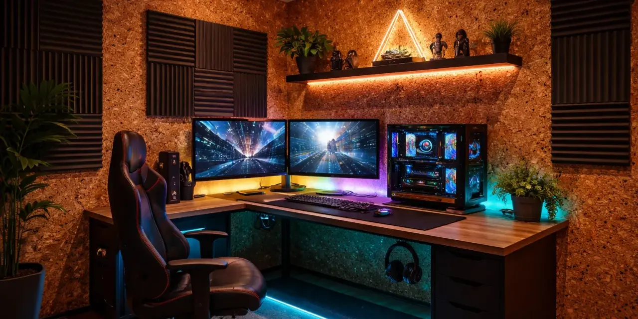 Gamer setup z korkową ścianą i panelami akustycznymi. Idealne miejsce, by dowiedzieć się, jak tanio wygłuszyć pokój.