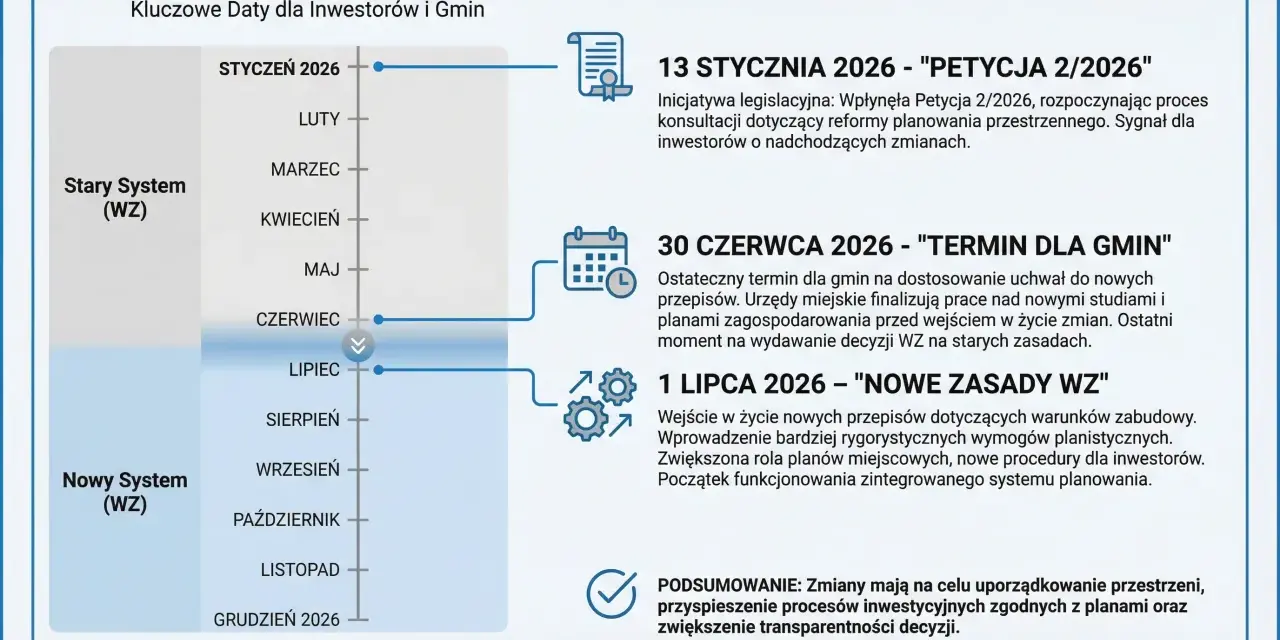 Kalendarium zmian Warunków Zabudowy 2026. Prawda o rzekomym braku odszkodowań za utratę wartości działki po reformie: od 1 lipca nowe zasady WZ.