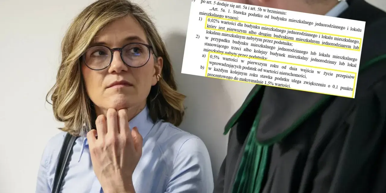 Kobieta w okularach zastanawia się, czy podatek katastralny w Polsce wejdzie w życie jeszcze w tej kadencji, analizując przepisy.