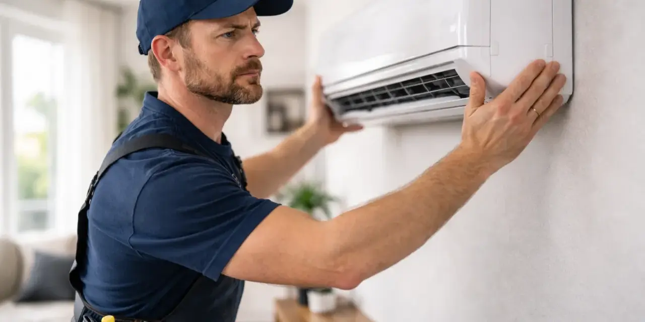 Instalator montuje klimatyzator. Od 2026 roku właściciele mieszkań muszą pytać wspólnotę o zgodę na klimatyzację.