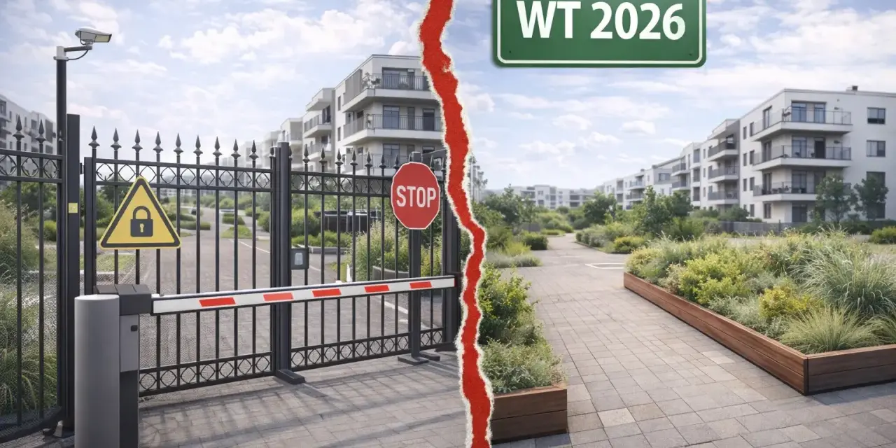 Dlaczego deweloperzy stawiają bloki tak blisko siebie? Czy to zgodne z WT2026? Obraz przedstawia zamknięte osiedle i nowoczesne budynki.