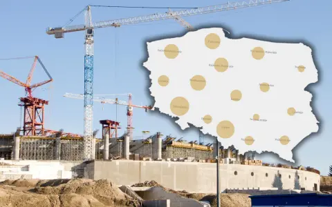 Budowa w aglomeracji, mimo wysokich cen działek (1000 zł/m²), to klucz do sukcesu deweloperów. Mapa Polski z zaznaczonymi województwami.