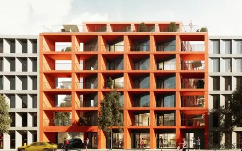 Nowe bloki z lat 70. wytrzymają kolejne 50 lat? Wizualizacja nowoczesnej architektury z pomarańczową fasadą i szarymi sąsiadami.