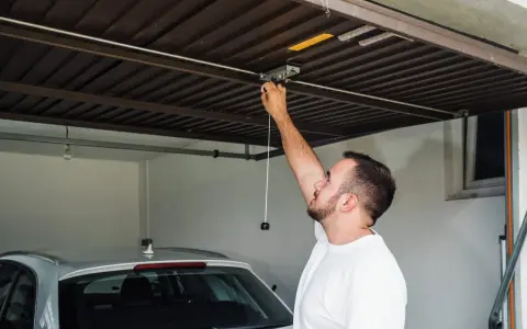 Mężczyzna sprawdza mechanizm bramy garażowej. Czy warto inwestować w garaże i miejsca postojowe przy obecnych cenach najmu?