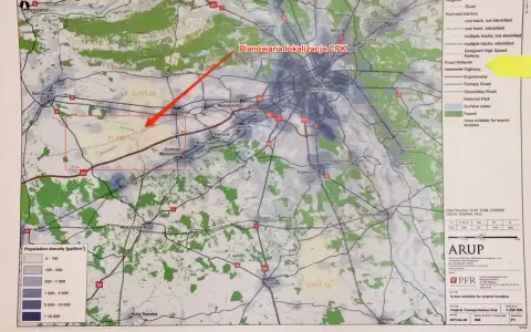 Mapa pokazuje planowaną lokalizację CPK i obszary o dużej gęstości zaludnienia. Czy warto inwestować w działki przy planowanych nitkach CPK?