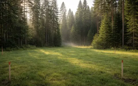 Oznakowane działki budowlane przy lesie, z mgłą unoszącą się nad trawą, pokazują, dlaczego działki budowlane przy lasach mogą zostać uznane za tereny zielone.