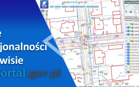 Fragment mapy geodezyjnej z zaznaczonymi działkami i panel boczny z warstwami mapy.