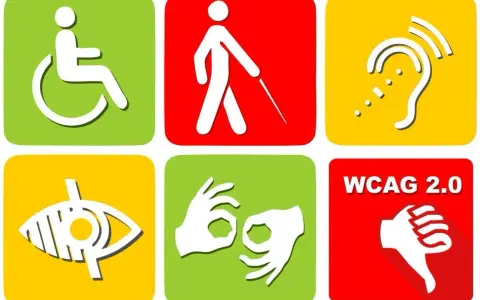 Ikony symbolizujące dostępność dla osób z niepełnosprawnościami: wózek, niewidomy, słuch, wzrok, język migowy, WCAG 2.0. Kto stoi za nowymi standardami dostępności dla osób niepełnosprawnych na działkach?