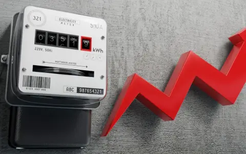 Licznik energii elektrycznej i czerwona strzałka w górę symbolizują, dlaczego koszt doprowadzenia prądu do działki wzrósł o 20 procent w 2026 roku.