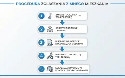Procedura zgłaszania zimnego mieszkania: zmierz temp., sprawdź grzejnik, zgłoś do zarządcy, wniosek o inspekcję, eskalacja. Prawda o rzekomym wprowadzeniu limitów temperatury w blokach zasilanych z sieci miejskiej.
