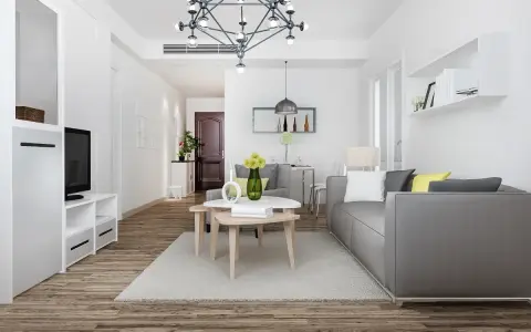 Nowe przepisy Airbnb: dlaczego od 20 maja 2026 r. każdy lokal musi mieć numer rejestracyjny? Nowoczesny salon z szarą kanapą i stolikami kawowymi.