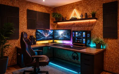Gamer setup z korkową ścianą i panelami akustycznymi. Idealne miejsce, by dowiedzieć się, jak tanio wygłuszyć pokój.
