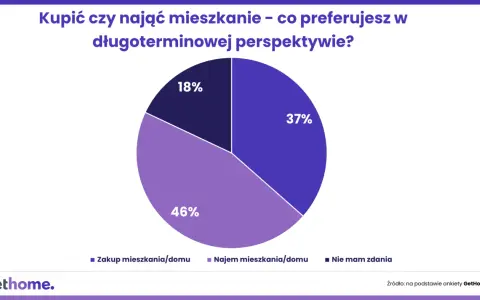 Wykres kołowy pokazuje, że 46% młodych Polaków preferuje najem mieszkania/domu, co może wynikać z prawdziwych powodów dla których młodzi Polacy rezygnują z własności na rzecz najmu.