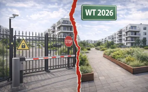 Dlaczego deweloperzy stawiają bloki tak blisko siebie? Czy to zgodne z WT2026? Obraz przedstawia zamknięte osiedle i nowoczesne budynki.