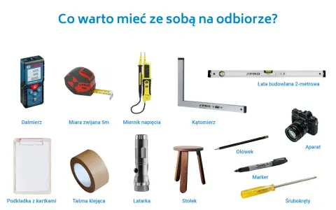 Narzędzia do odbioru mieszkania od dewelopera: dalmierz, miara, miernik napięcia, łata, kątomierz, aparat, podkładka, taśma, latarka, stołek, ołówek, marker, śrubokręty.