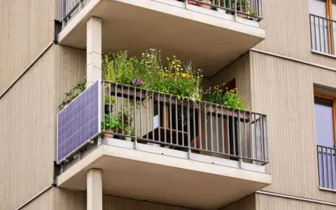 Po wypadkach, kto kontroluje stan techniczny balkonów w starych blokach? Ten balkon z panelami słonecznymi i kwiatami wygląda na zadbany.