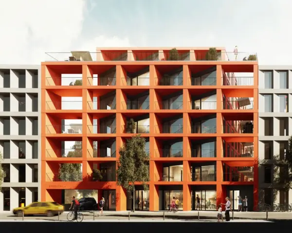 Nowe bloki z lat 70. wytrzymają kolejne 50 lat? Wizualizacja nowoczesnej architektury z pomarańczową fasadą i szarymi sąsiadami.