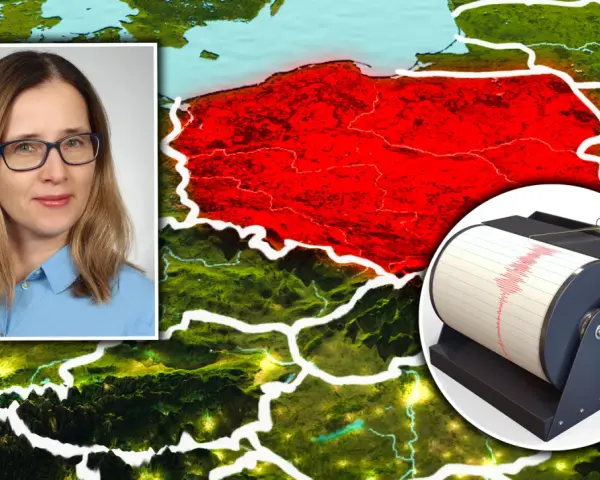 Kobieta w okularach i sejsmograf na tle mapy Polski. Prawda o rzekomym wprowadzeniu obowiązkowego ubezpieczenia mieszkań od trzęsień ziemi.