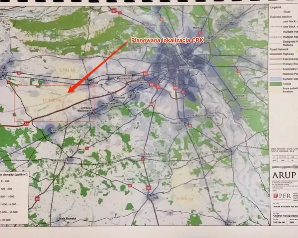 Mapa pokazuje planowaną lokalizację CPK i obszary o dużej gęstości zaludnienia. Czy warto inwestować w działki przy planowanych nitkach CPK?