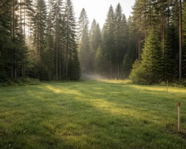 Oznakowane działki budowlane przy lesie, z mgłą unoszącą się nad trawą, pokazują, dlaczego działki budowlane przy lasach mogą zostać uznane za tereny zielone.