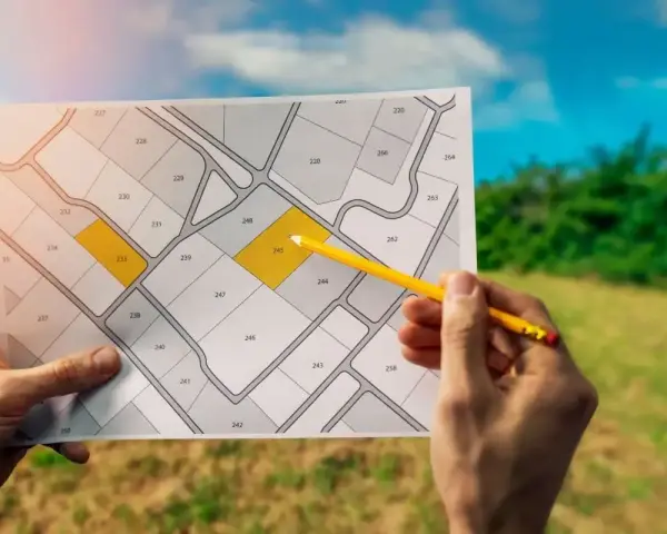Plan działki z zaznaczonymi parcelami. Rozważasz, jak przekształcić działkę rekreacyjną na budowlaną?
