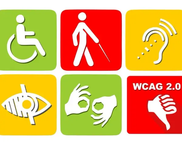 Ikony symbolizujące dostępność dla osób z niepełnosprawnościami: wózek, niewidomy, słuch, wzrok, język migowy, WCAG 2.0. Kto stoi za nowymi standardami dostępności dla osób niepełnosprawnych na działkach?