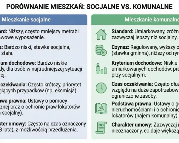 Porównanie mieszkań socjalnych i komunalnych. Dowiedz się, jak dostać mieszkanie komunalne, jakie są kryteria i czas oczekiwania.