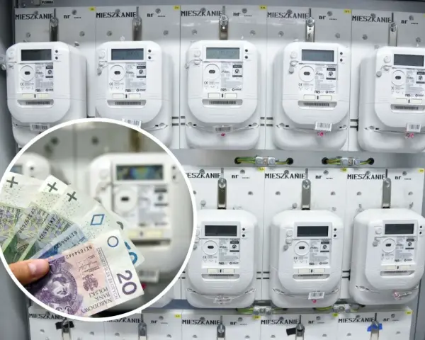Inteligentne liczniki mediów będą obowiązkowe od września 2026 r. w każdym lokalu. W tle widać rząd liczników, a na pierwszym planie polskie banknoty.