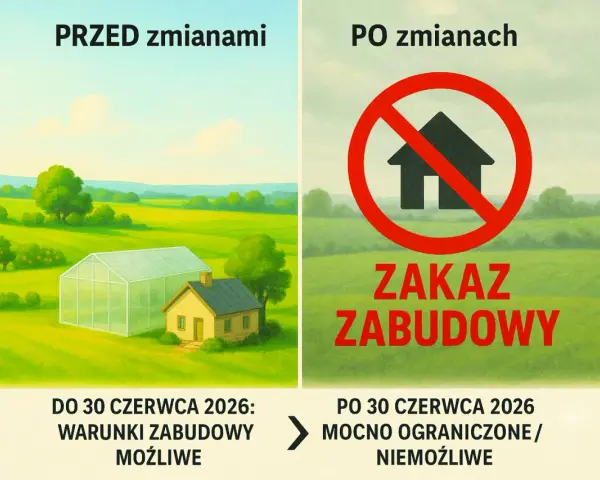 Przed 30.06.2026 można budować na gruntach I-III, potem zakaz zabudowy. Właściciele gruntów klasy I-III nie dostaną WZ do czasu uchwalenia planu ogólnego.
