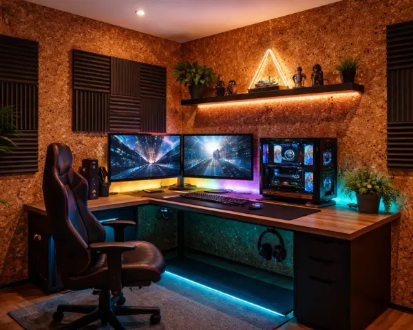 Gamer setup z korkową ścianą i panelami akustycznymi. Idealne miejsce, by dowiedzieć się, jak tanio wygłuszyć pokój.