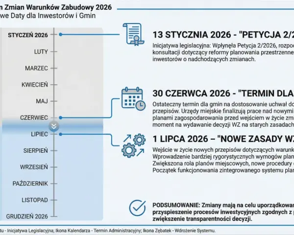 Kalendarium zmian Warunków Zabudowy 2026. Prawda o rzekomym braku odszkodowań za utratę wartości działki po reformie: od 1 lipca nowe zasady WZ.