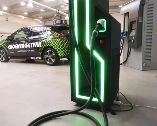 Elektryczny samochód "Ekoenergetyka" przy nowoczesnej ładowarce. Od września 2026 r. każdy blok musi mieć punkt ładowania aut elektrycznych.