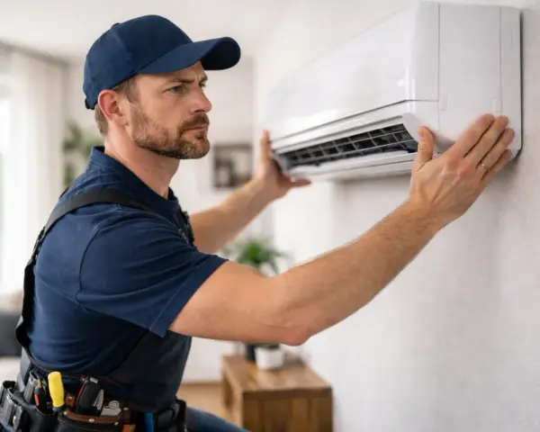 Instalator montuje klimatyzator. Od 2026 roku właściciele mieszkań muszą pytać wspólnotę o zgodę na klimatyzację.
