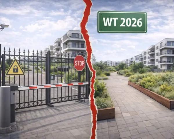 Dlaczego deweloperzy stawiają bloki tak blisko siebie? Czy to zgodne z WT2026? Obraz przedstawia zamknięte osiedle i nowoczesne budynki.
