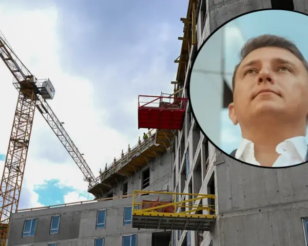 Budowa bloku mieszkalnego i portret mężczyzny. Czy to zapowiedź, ile naprawdę zarabiają pośrednicy nieruchomości na flipowaniu mieszkań w 2026?