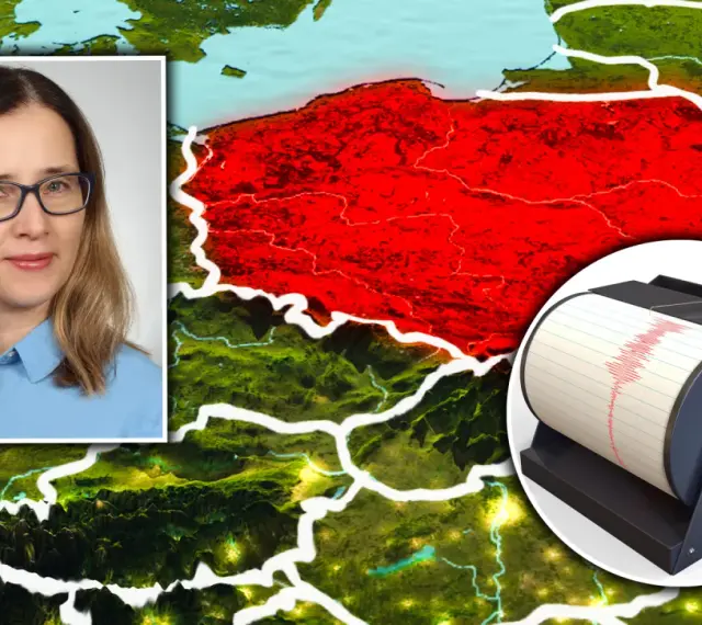 Kobieta w okularach i sejsmograf na tle mapy Polski. Prawda o rzekomym wprowadzeniu obowiązkowego ubezpieczenia mieszkań od trzęsień ziemi.
