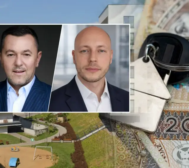 Dwóch mężczyzn w garniturach, klucze do mieszkania i polskie banknoty. Czy warto inwestować w mieszkania zlokalizowane blisko planowanych przystanków metra?